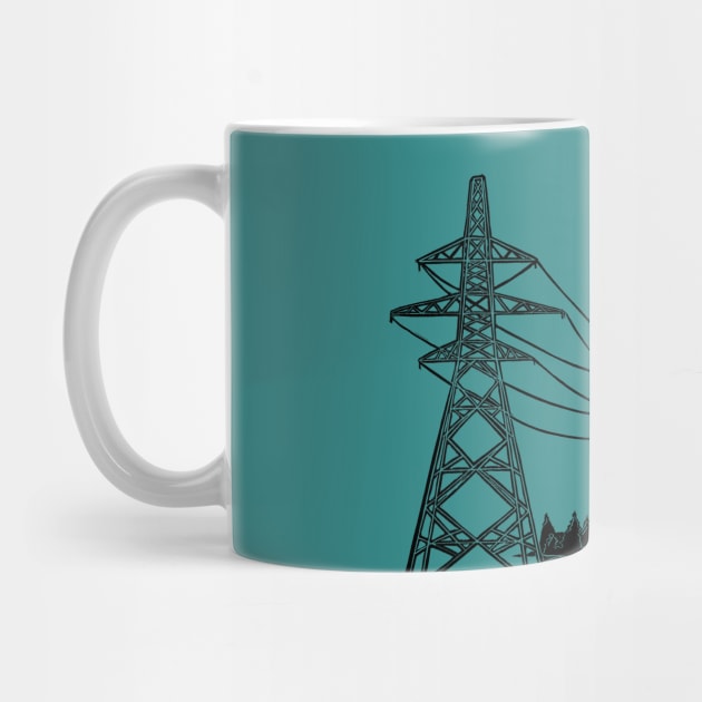 Pylons Linocut Silhouette on teal by Maddybennettart